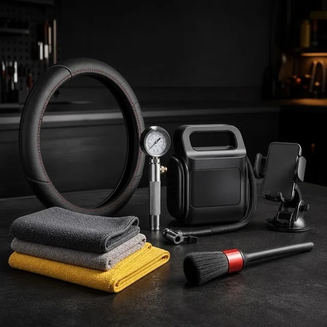 Steering wheel cover, tire inflator, pressure gauge, phone mount, and detailing accessories