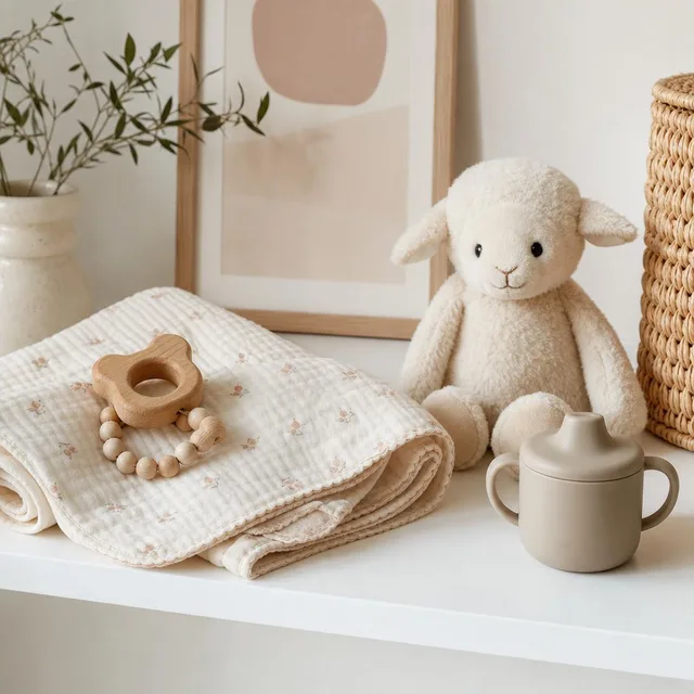 Baby blanket, wooden teether, plush toy, and child-safe cup representing Little Sprout Co.