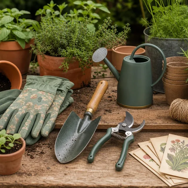 Garden tools, gloves, watering can, and potted herbs representing Everfield Supply