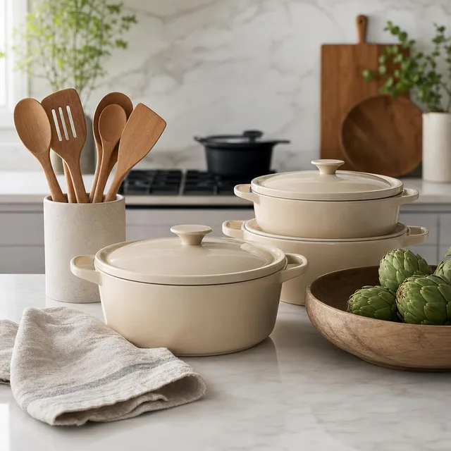 Ceramic cookware and wooden utensils representing Nouri Home