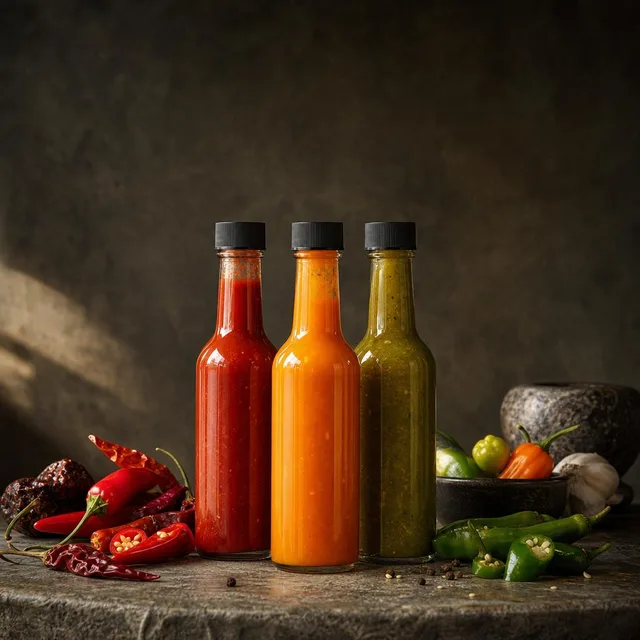 Three colorful glass bottles of specialty hot sauce with fresh chili peppers