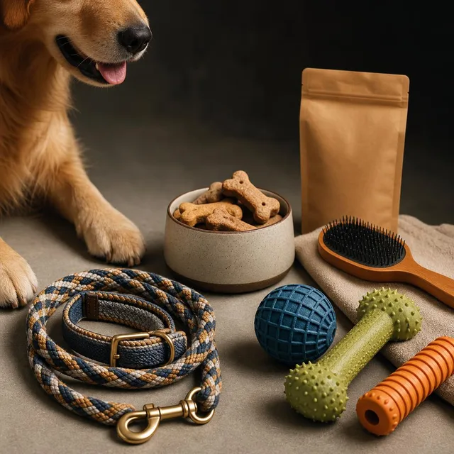 Dog collar, leash, toys, grooming brush, bowl, and natural pet treats